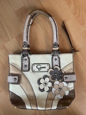 Guess Croc-Embossed Satchel with Floral Appliqué in Cream and Brown